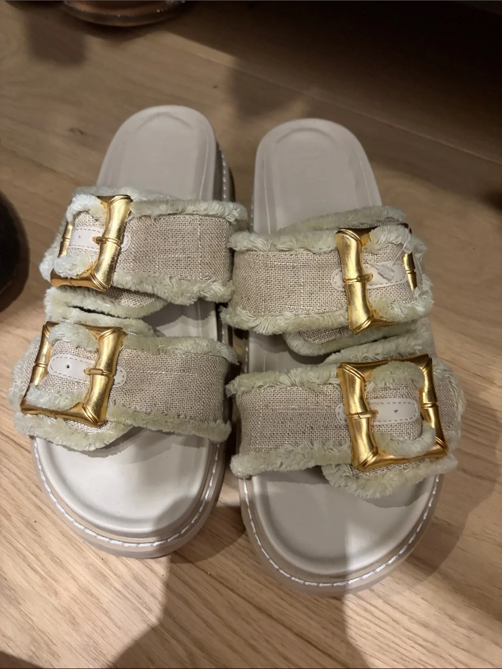 Slide Sandals with Gold Buckles in Beige